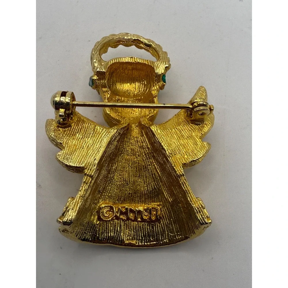 Mylu Angel Brooch Gold Tone Red Rhinestone Wings‎ Vintage Pin